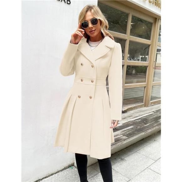 Women's Trench Coat Notch Lapel Double Breasted Thick A Line Pea Coat, White - Picture 2 of 6